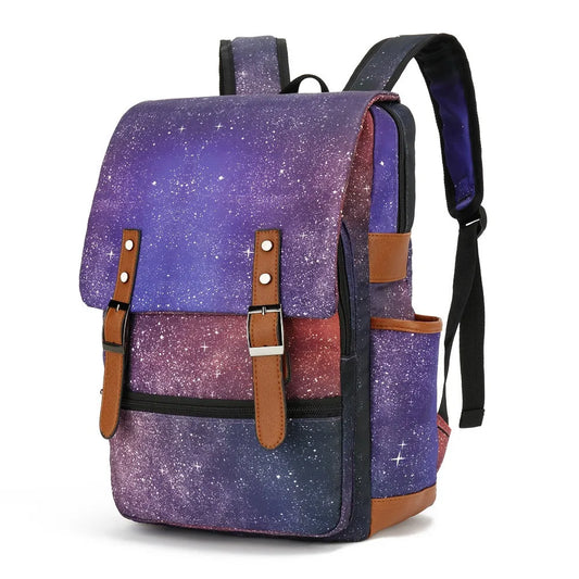 Backpack with galaxy design and brown leather straps on a white background