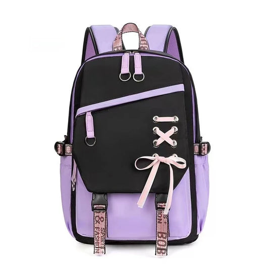Black and purple backpack with pink accents on a white background