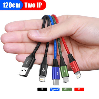 Hand holding four colorful USB cables with different connectors on a white background.