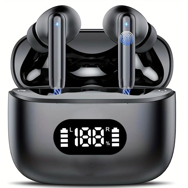 Black wireless earbuds with charging case displaying battery levels on a white background