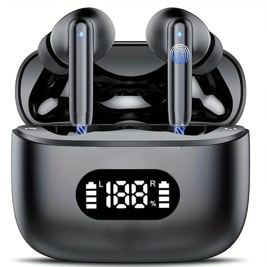 Black wireless earbuds with charging case displaying battery levels on a white background