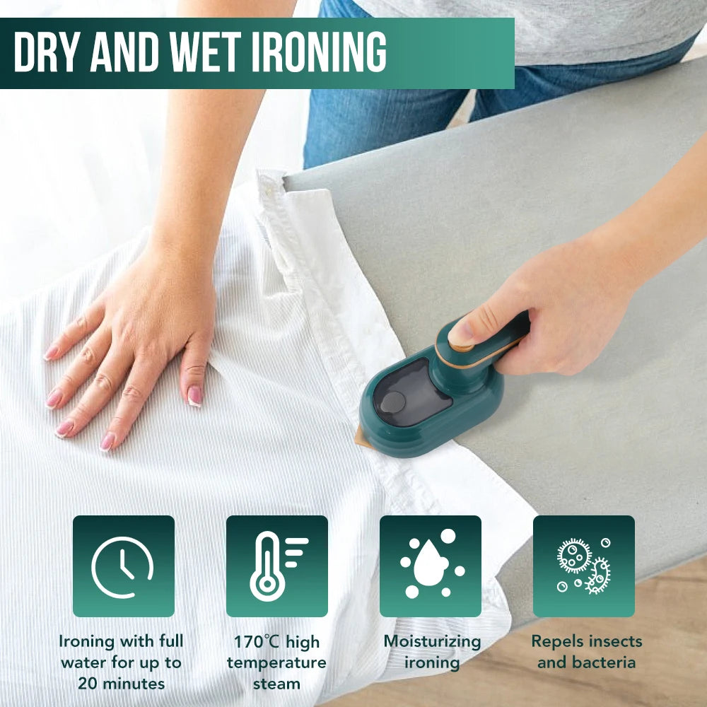 Person ironing a garment with a steam iron, text 'Dry and Wet Ironing' at the top.