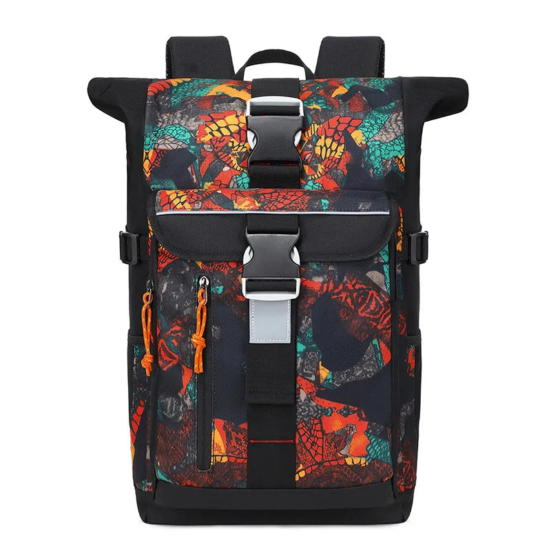 Backpack with colorful pattern and black accents on a white background