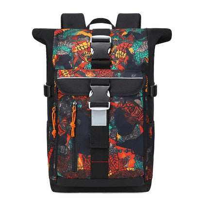 Backpack with colorful pattern and black accents on a white background