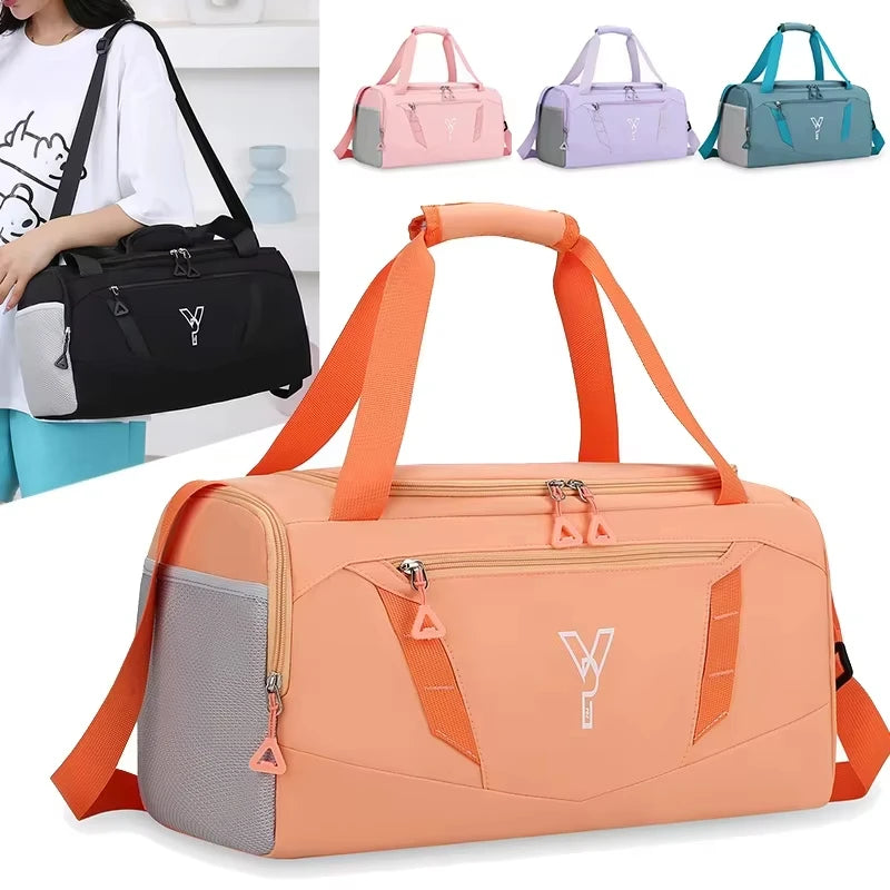 Orange duffel bag with gray accents and orange straps, featuring a brand logo, on a white background.