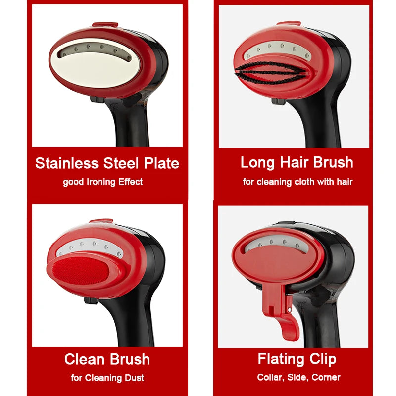 Four different uses of a hairbrush with red and black design on a white background.