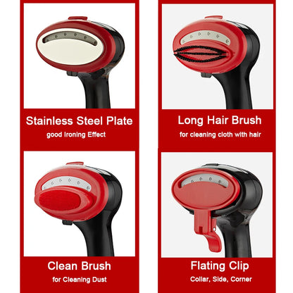 Four different uses of a hairbrush with red and black design on a white background.