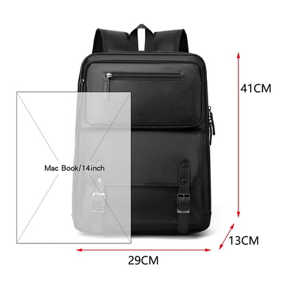 Black backpack with dimensions indicated on a white background