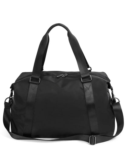 Black duffel bag with shoulder strap on a white background