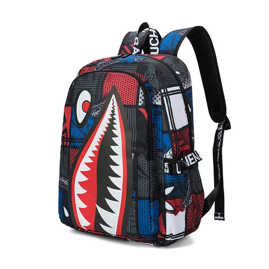 Multicolored backpack with shark design on a white background