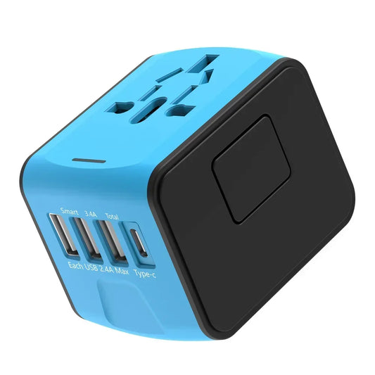 Blue and black travel adapter with multiple ports on a white background