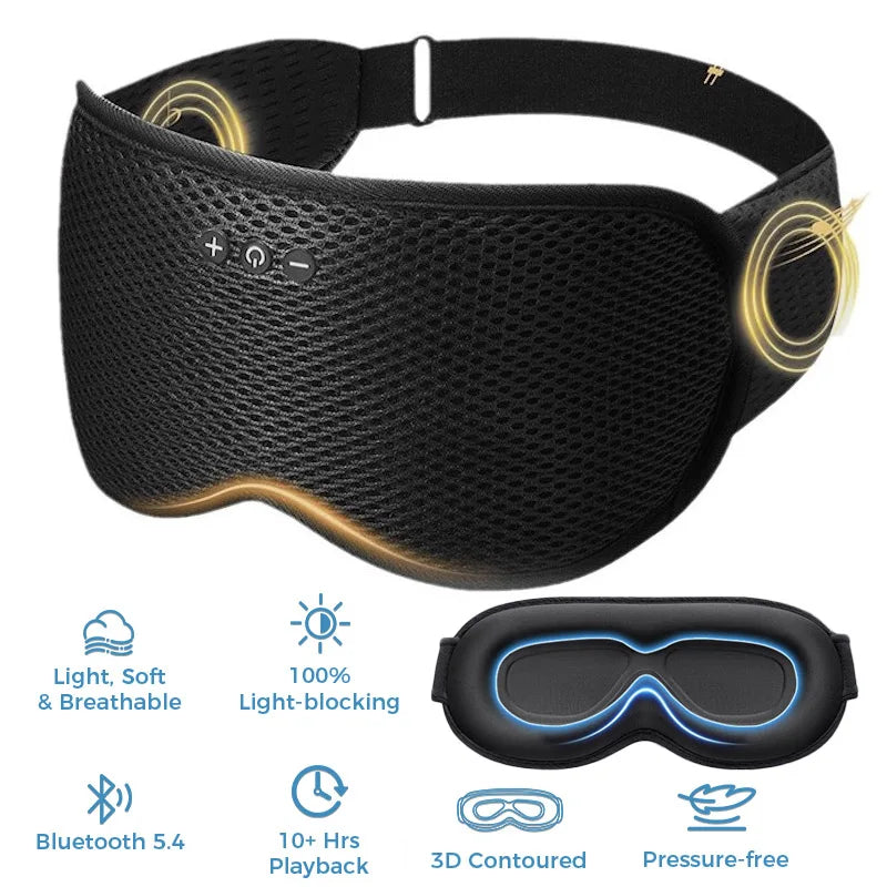 Black sleep mask with Bluetooth 5.4, light-blocking, and pressure-free features on a white background.