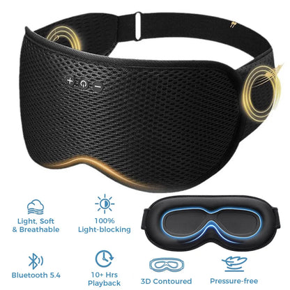 Black sleep mask with Bluetooth 5.4, light-blocking, and pressure-free features on a white background.
