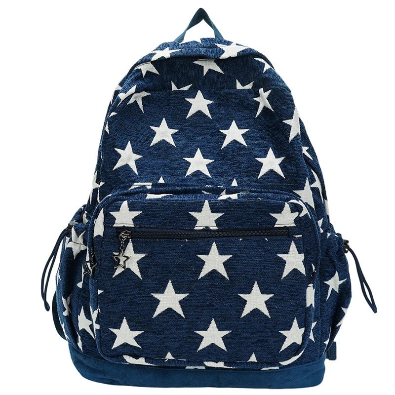 Blue backpack with white star pattern on a white background