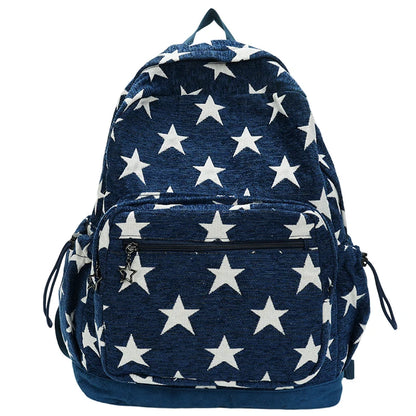 Blue backpack with white star pattern on a white background