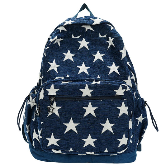 Blue backpack with white star pattern on a white background