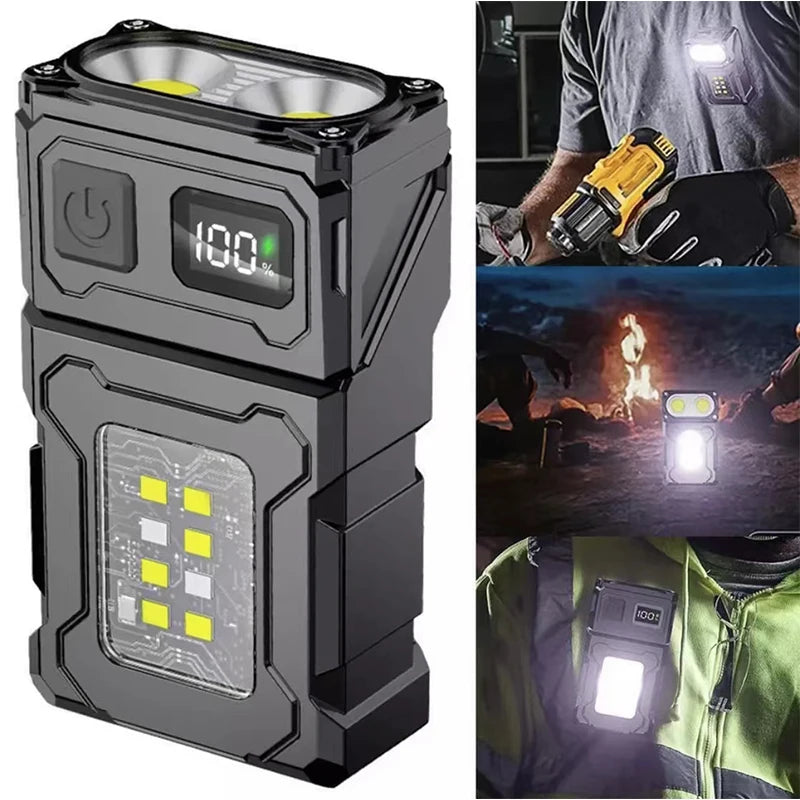 Black portable power station with digital display and LED lights, used in outdoor settings.