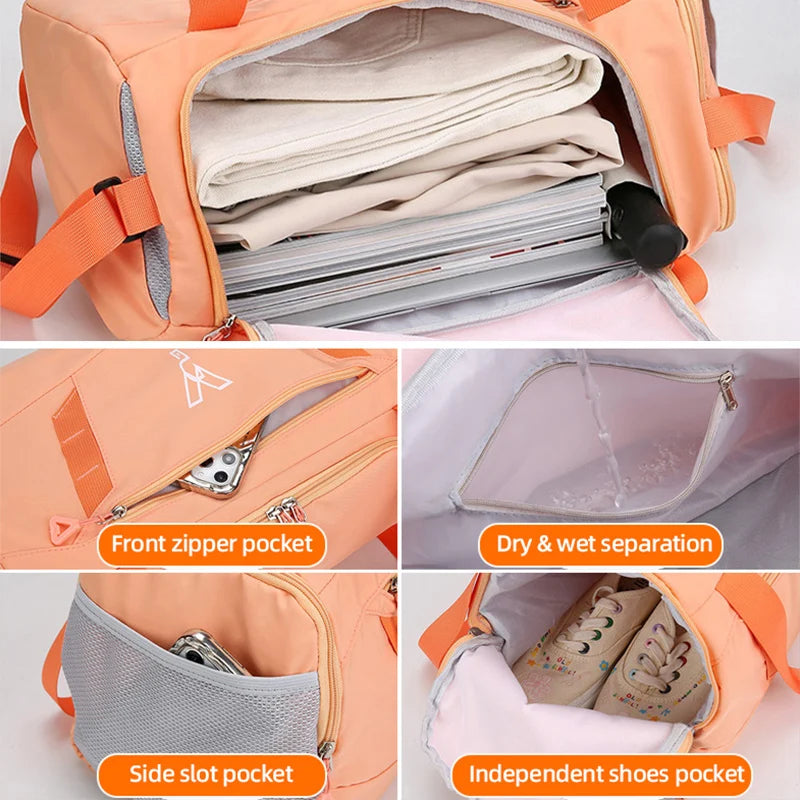 Orange backpack with various compartments and features highlighted