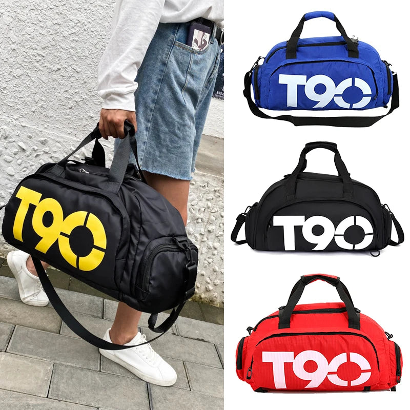 Person holding a black duffel bag with 'T90' branding, alongside images of blue, black, and red duffel bags with 'T90' branding.