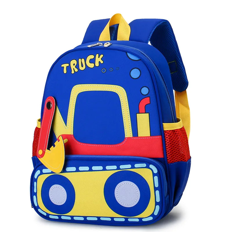 Colorful backpack designed like a truck on a white background