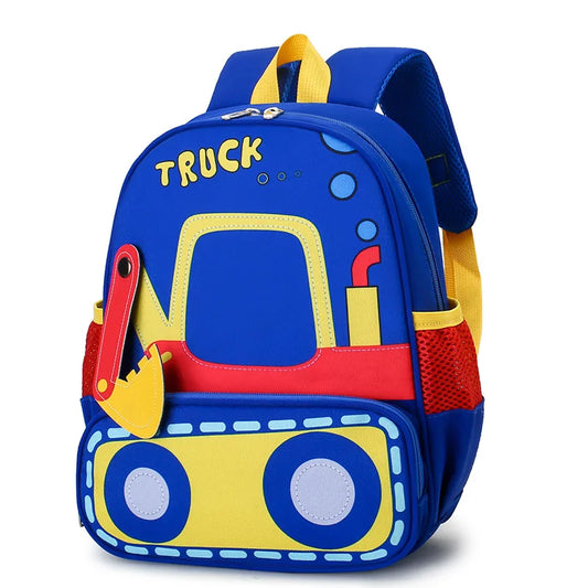 Colorful backpack designed like a truck on a white background