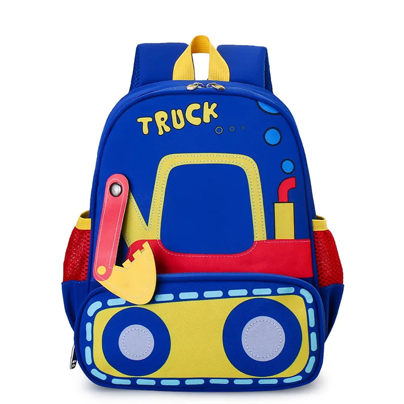 Colorful children's backpack designed like a truck on a white background
