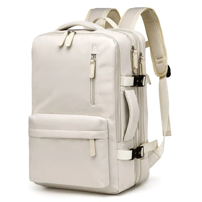 Beige backpack with multiple pockets and zippers on a white background