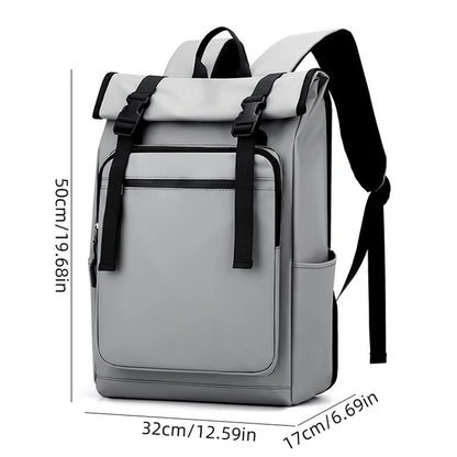 Gray backpack with black straps and dimensions on a white background