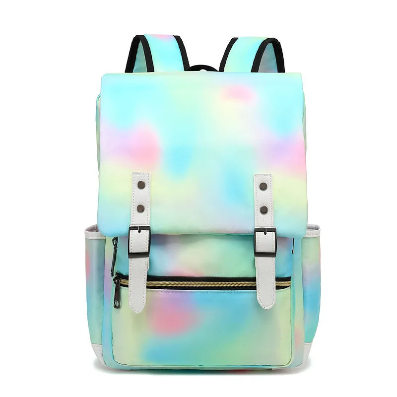 Multicolored tie-dye backpack with zippers on a white background