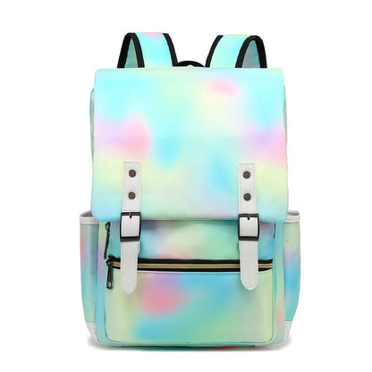 Multicolored tie-dye backpack with zippers on a white background