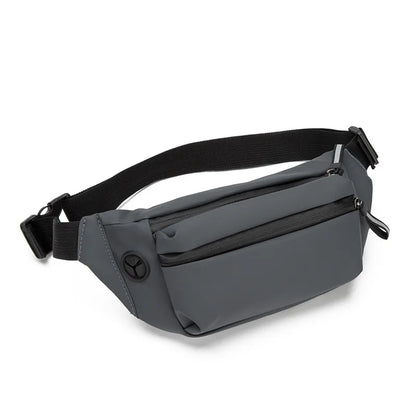 Gray waist bag with a black strap on a white background