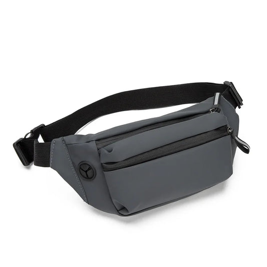 Gray waist bag with a black strap on a white background