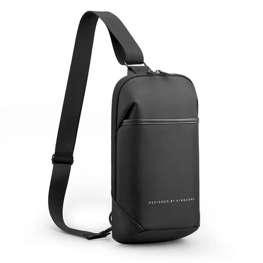 Black sling bag with 'Designed by Kingsons' branding on a white background