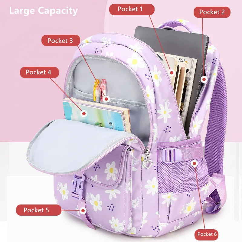 Purple backpack with floral pattern and labeled pockets on a pink background