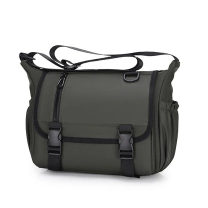 Gray shoulder bag with black straps on a white background