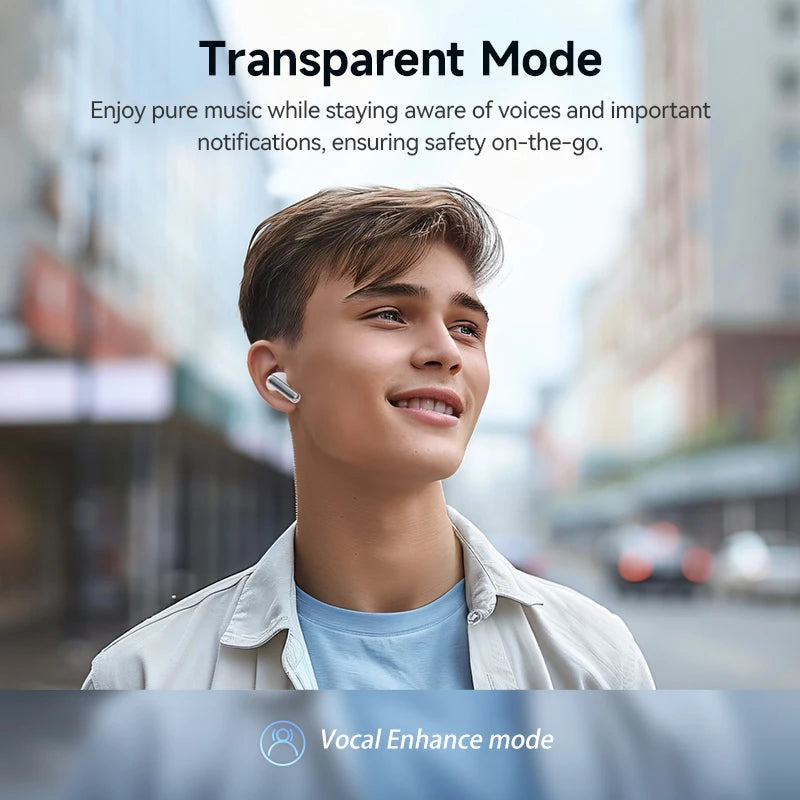 Person wearing wireless earbuds with text about transparent mode and vocal enhance mode.