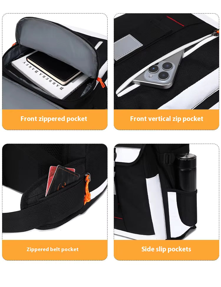 Product image with various pockets and compartments of a black bag.