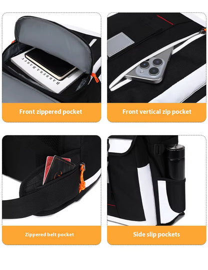 Product image with various pockets and compartments of a black bag.