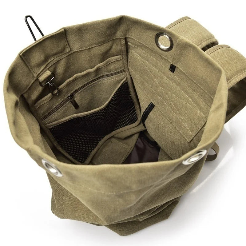 Open olive green backpack showing interior compartments on a white background