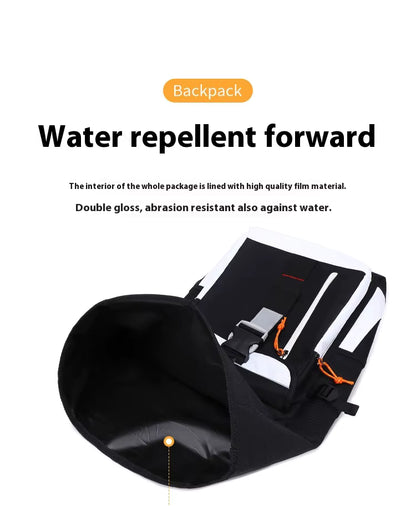 Black backpack with water repellent feature on a white background