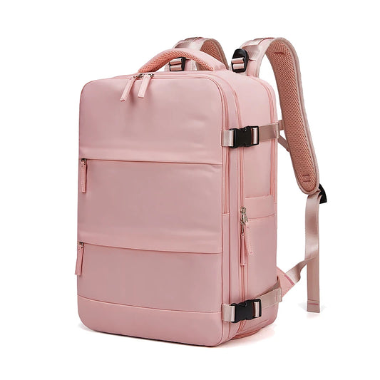 Pink backpack with black straps on a white background