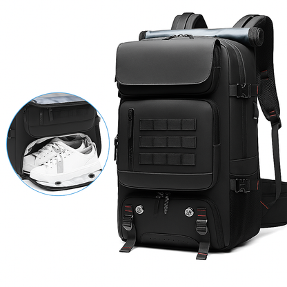 Black backpack with a shoe compartment on a white background