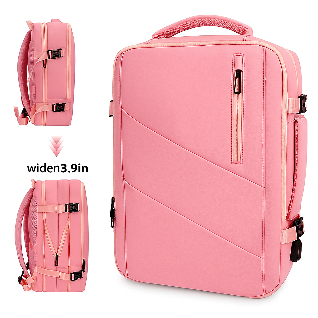 Pink backpack with a side view showing an additional width of 3.9 inches.