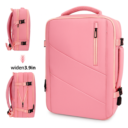 Pink backpack with a side view showing an additional width of 3.9 inches.