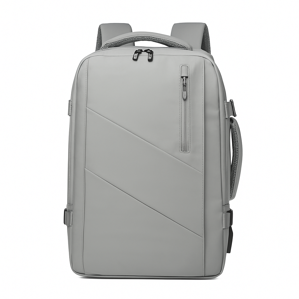 Gray backpack with geometric design on a white background