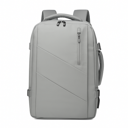 Gray backpack with geometric design on a white background