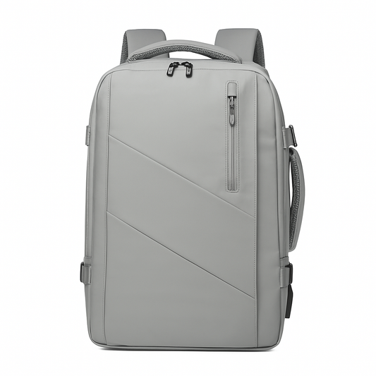 Gray backpack with geometric design on a white background