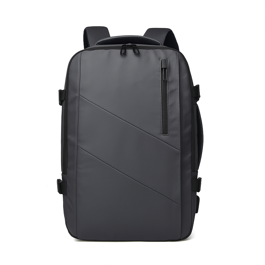 Gray backpack with black straps on a white background
