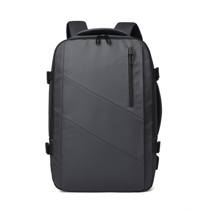 Gray backpack with black straps on a white background