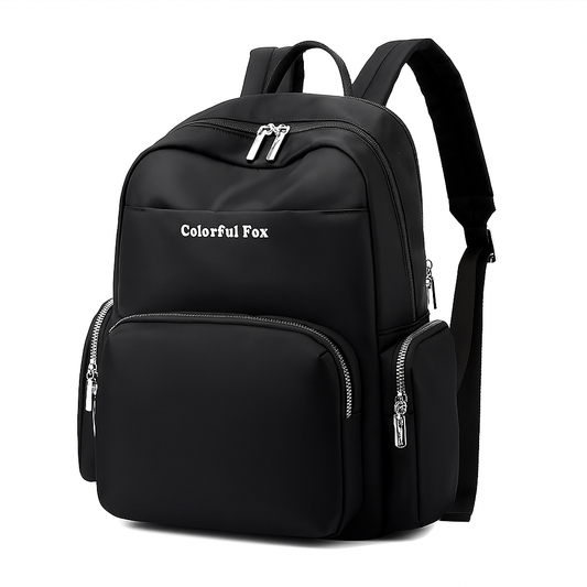 Black backpack with 'Colorful Fox' branding on a white background